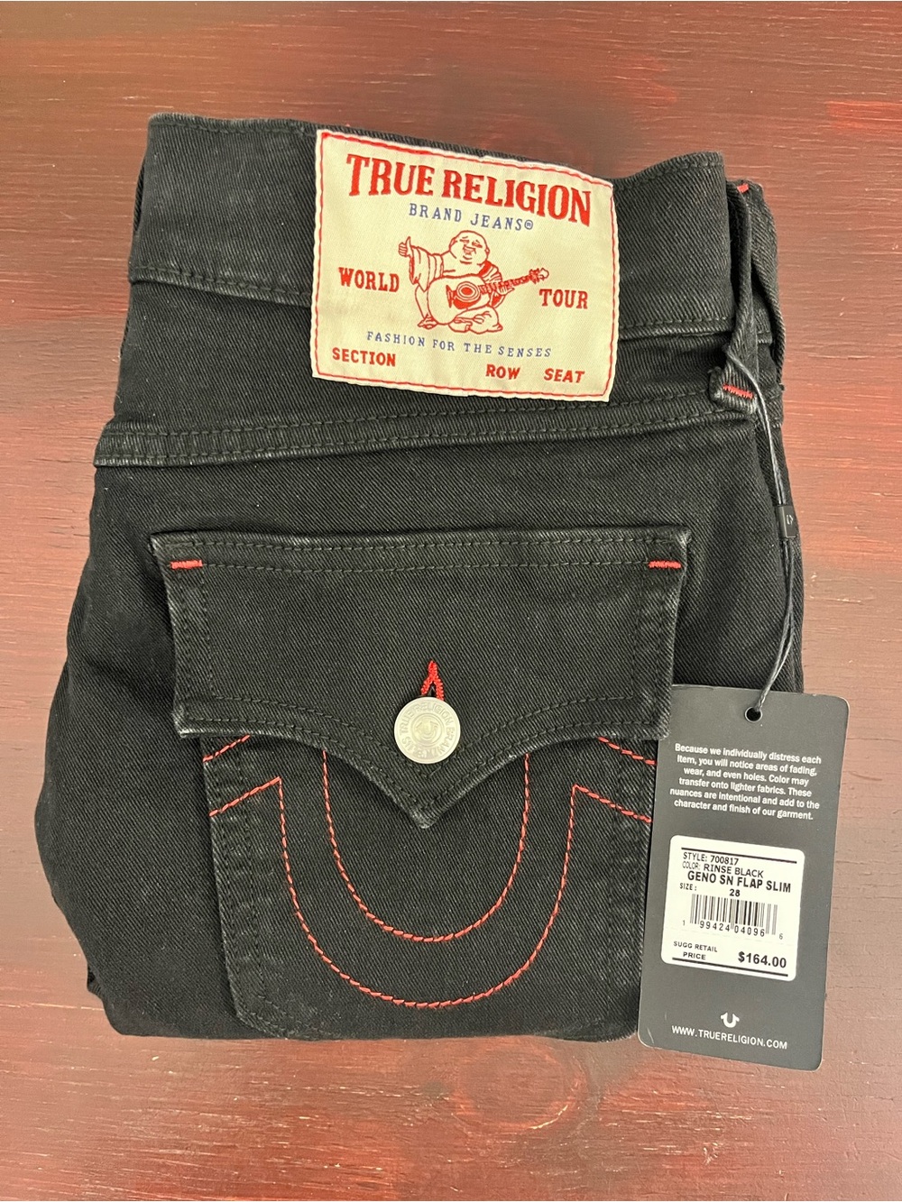 True Religion Geno Flap Relaxed Slim Jean Mens Size 28 x 32 Red Stitching New